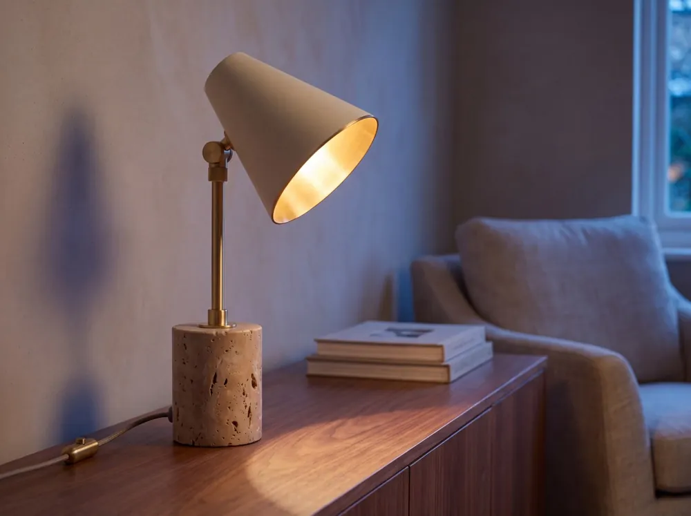 La lampada accesa su una credenza in noce al crepuscolo